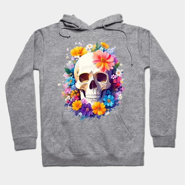 Yet Another Skull With Flowers 2! - Watercolor - AI Art Hoodie by Asarteon